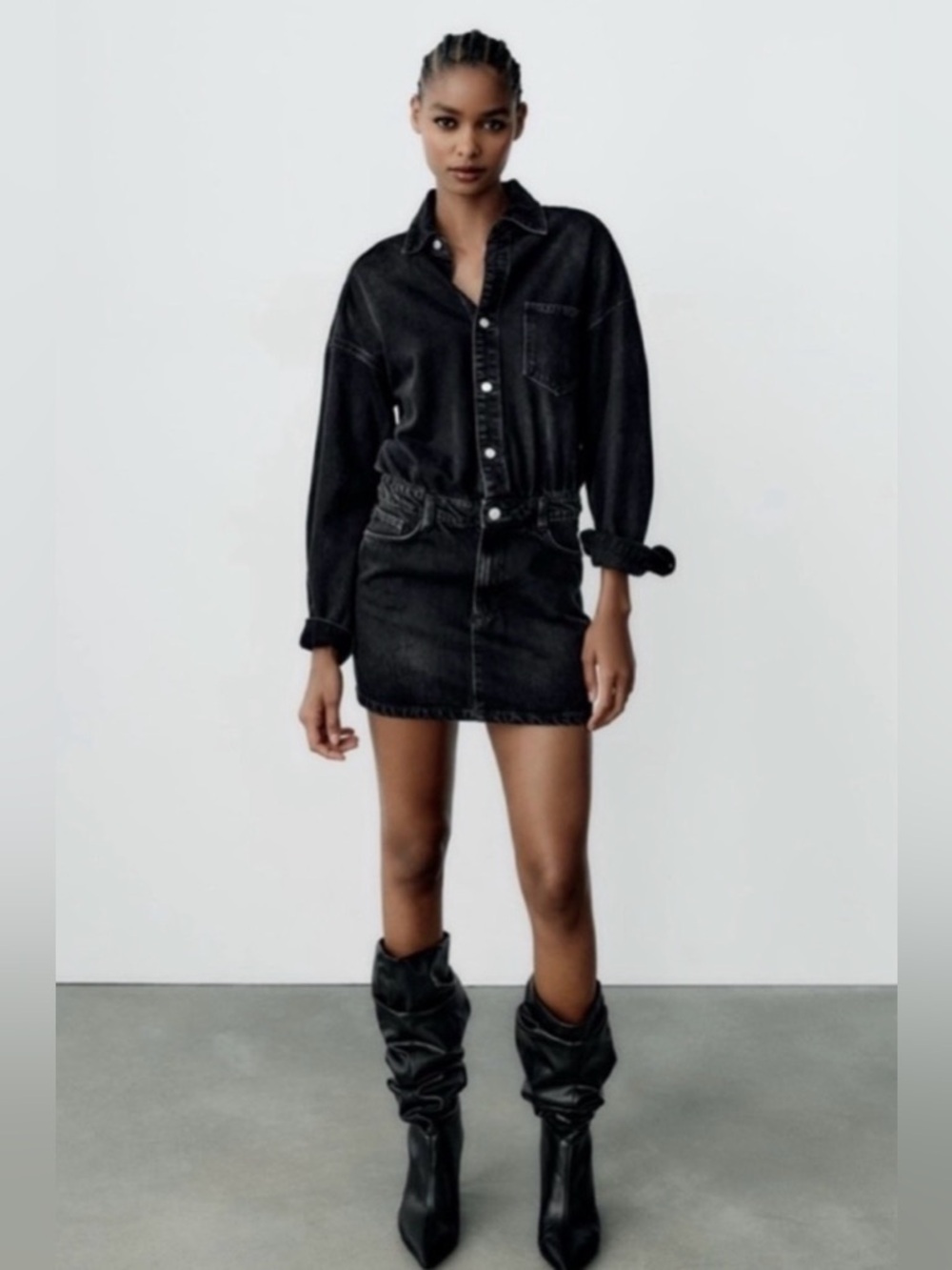 Zara Black Washed Denim Jacket Dress